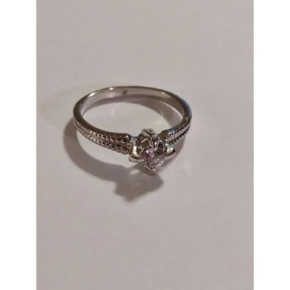 VTG Style Silver Tone Metal Sparkling Clear Glass Stone Sz 8 Solitaire Ring